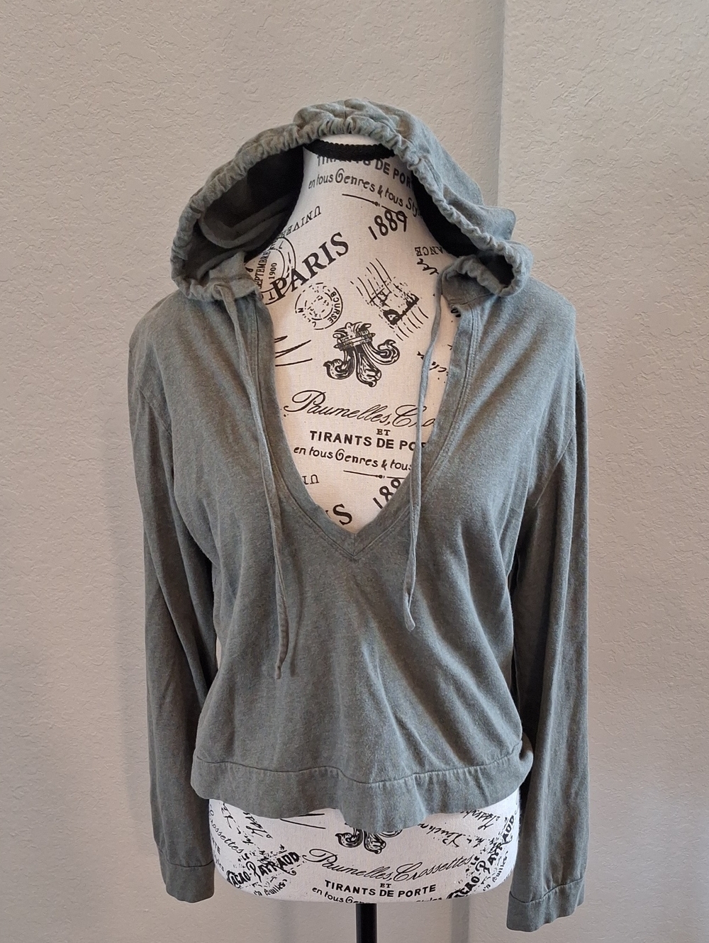 Sundance Olive Green Heather Cotton Cropped Deep V-neck Plunge Hoodie Medium
